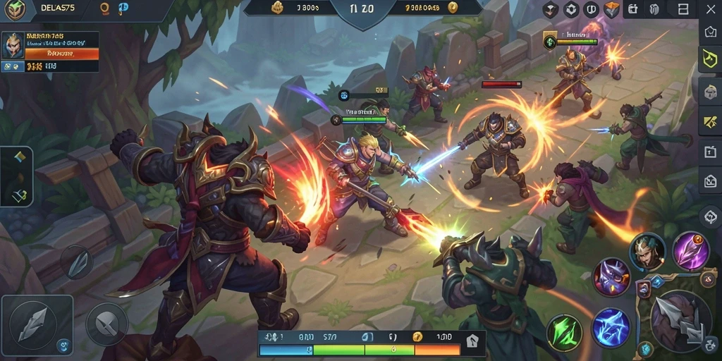 Tangkapan layar utama DELTA575 menampilkan pertarungan seru dalam gameplay MOBA.