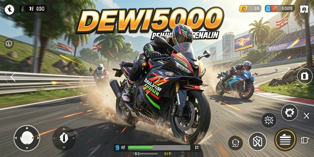 Gameplay seru DEWI5000 menampilkan balapan motor yang mendebarkan.