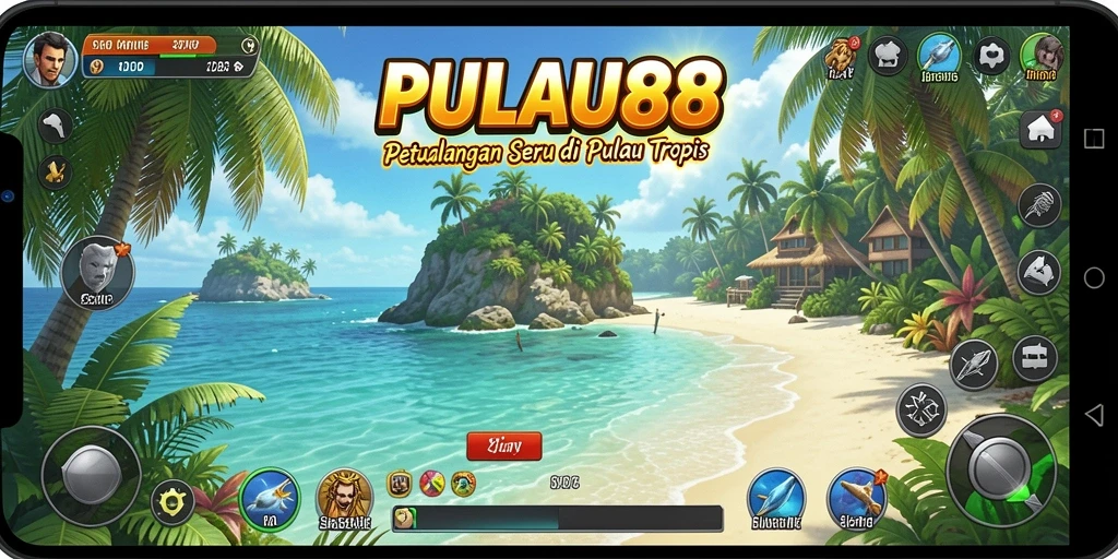 Screenshot gameplay PULAU88 menampilkan indahnya pulau tropis yang bisa dibangun.