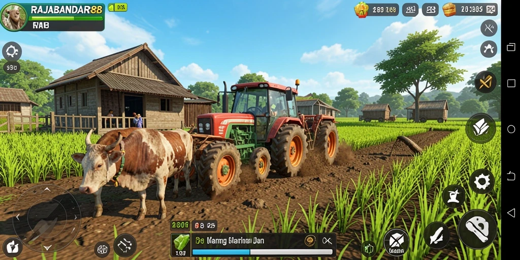Screenshot gameplay RAJABANDAR88 menunjukkan suasana pertanian yang cerah dan interaktif.