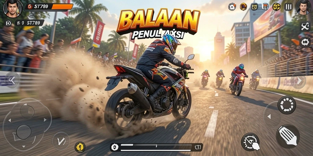 Tampilan gameplay ST789 saat balapan motor yang seru dan kompetitif.