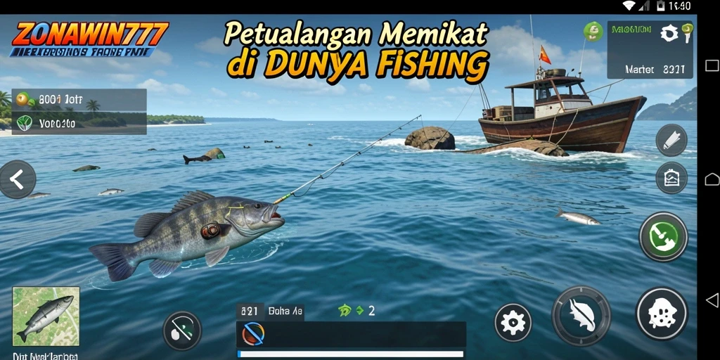 Screenshot ZONAWIN777 menampilkan pemain yang sedang memancing di lokasi indah.